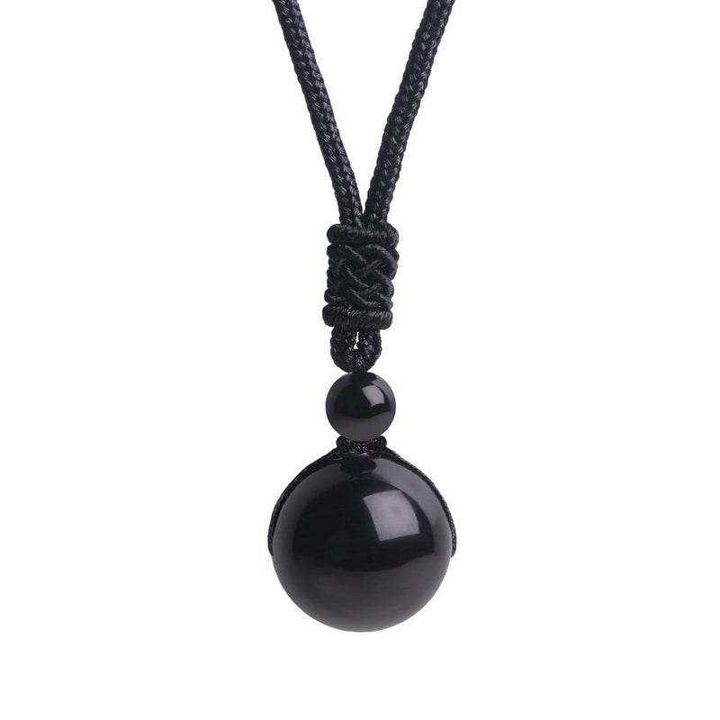 iSTONE Unisex Genuine 16mm Round Beads Gemstone Pendant Necklace Black Rope Chain 25 inch (Black Obsidian) - Image 1